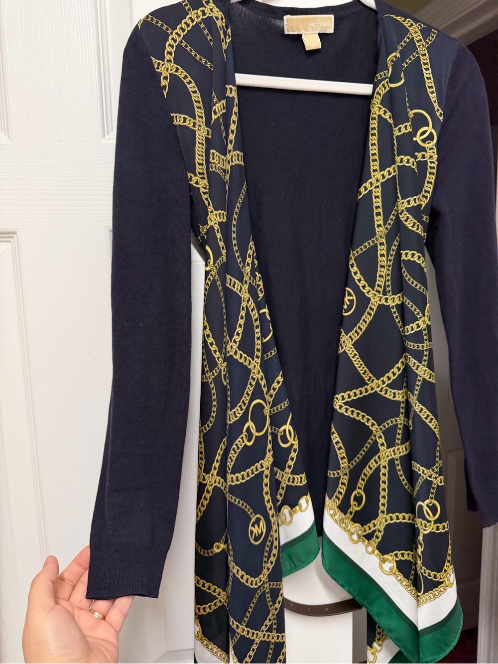 Michael Kors Navy Gold Chain Equestrian Print Satin Drape Cardigan Size S - Picture 3 of 10